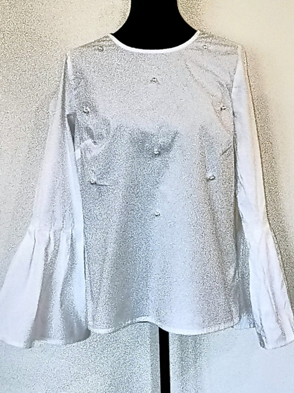 Time and Tru White Pearl-Embellished Bell Sleeve Blouse Size M
